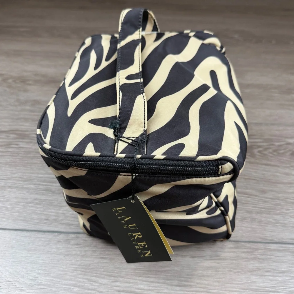 Lauren Ralph Lauren Womens Cosmetic Bag Zebra Animal Print Tan Black NWT